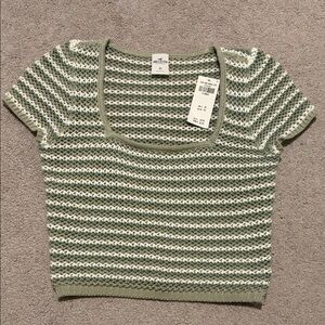 Hollister Olive Green & White Striped Open-Knit Crop Top